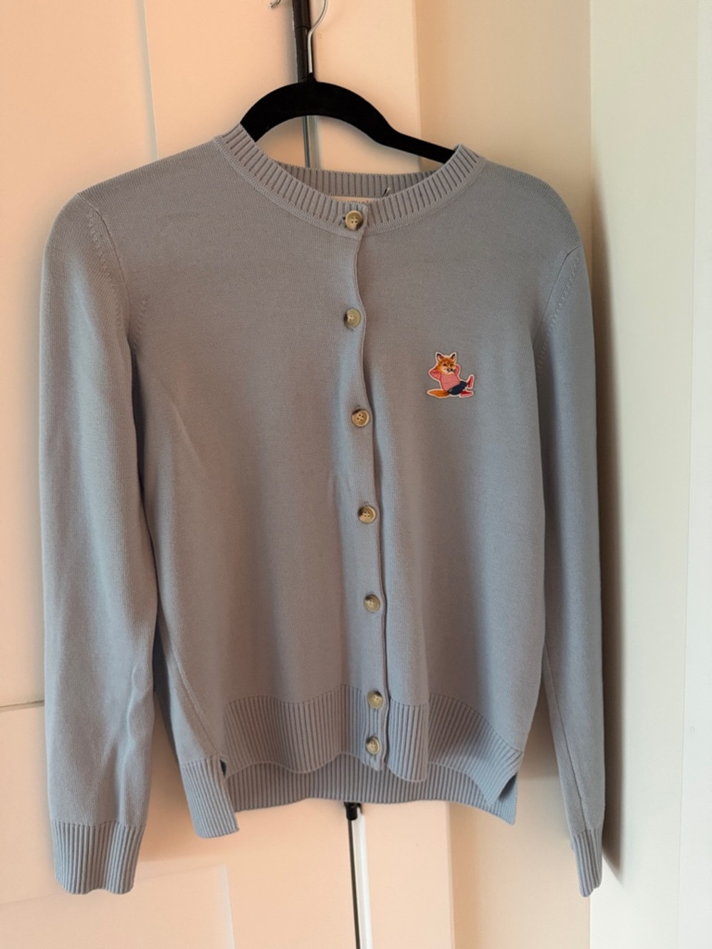 MAISON KITSUNE Light Blue Button-Up Cardigan with Fox Patch